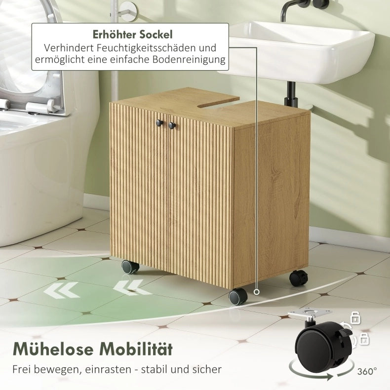 Mobile mobile bagno con tre ripiani regolabili e porta a chiusura soft, con taglio a U per lavabo senza piedistallo, finitura legno