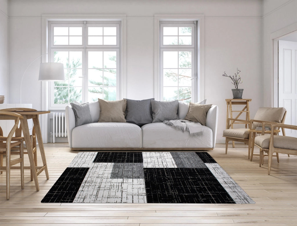 Tappeto Arredo Moderno Morbido in Ciniglia Ingresso Antiscivolo Prodotto Italiano  Soggiorno Camera Salotto Disegni Piazzati Cotone Varie Misure Grande Mondrian/Nero - 160x240 cm
