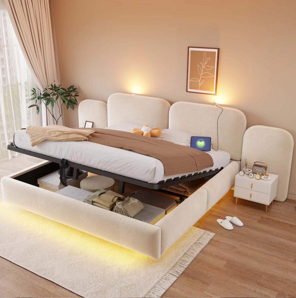 Letto matrimoniale contenitore 180x200 cm in velluto beige con LED RGB e prese USB-C HOMVRA