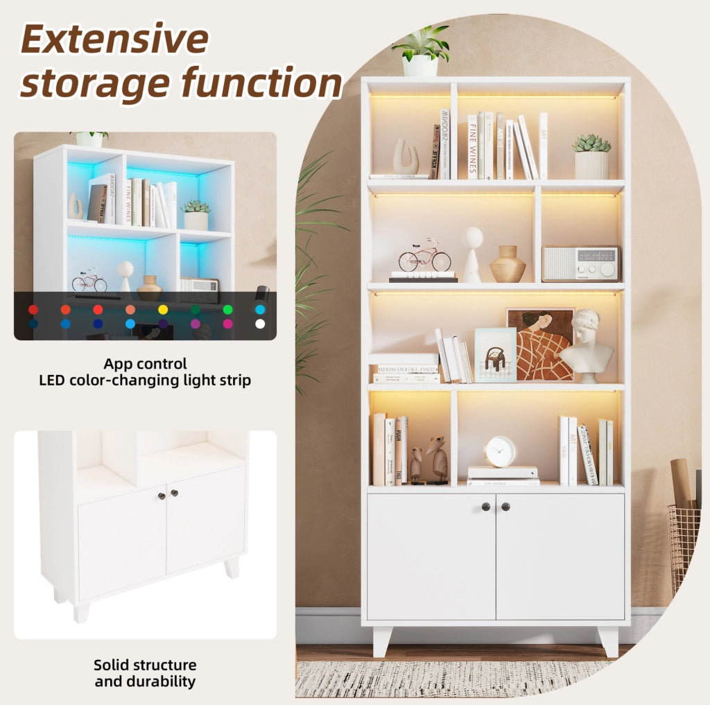 Libreria bianca 80x30x173 cm con ripiani multipli, gambe in legno massello, porte doppie e illuminazione LED con controllo app