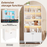 Libreria bianca 80x30x173 cm con ripiani multipli, gambe in legno massello, porte doppie e illuminazione LED con controllo app