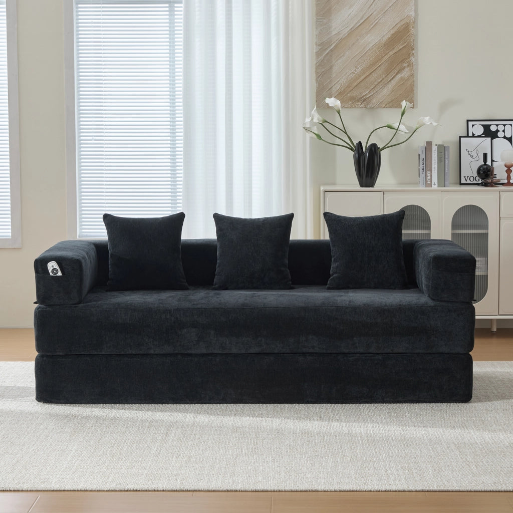 Divano modulare in chenille con tasche laterali e base antiscivolo - nero