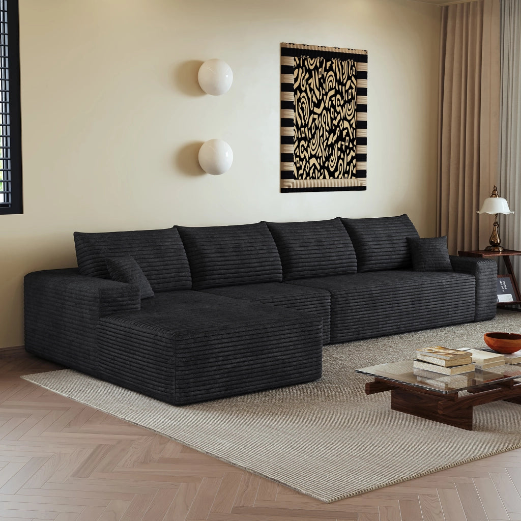 Divano 340x175x83 cm in tessuto nero a coste; imbottitura in schiuma elastica; senza attrezzi