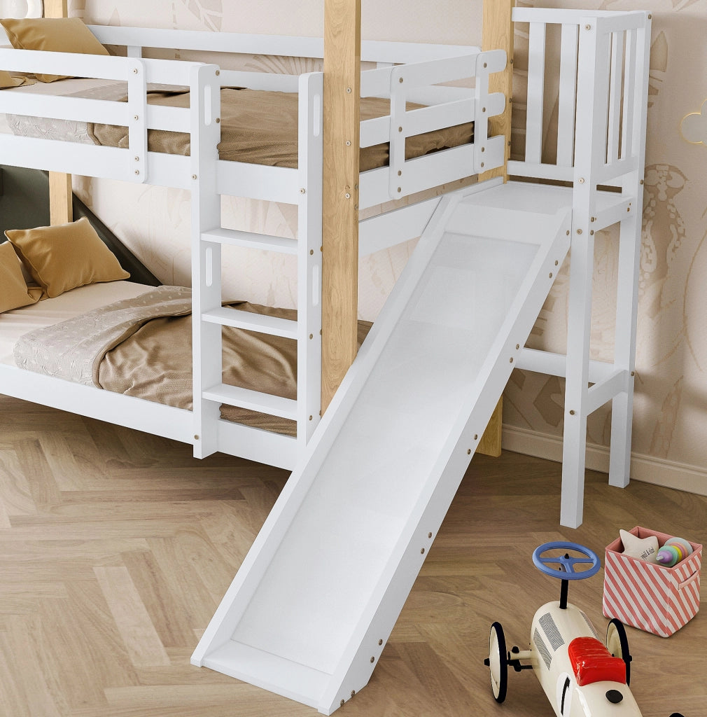 Letto a castello a casetta 90x200 cm con scivolo, scala e protezioni