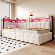 Divano letto 90x200 cm estraibile 180x200 cm con LED; USB e Type-C; cassetti; velluto beige
