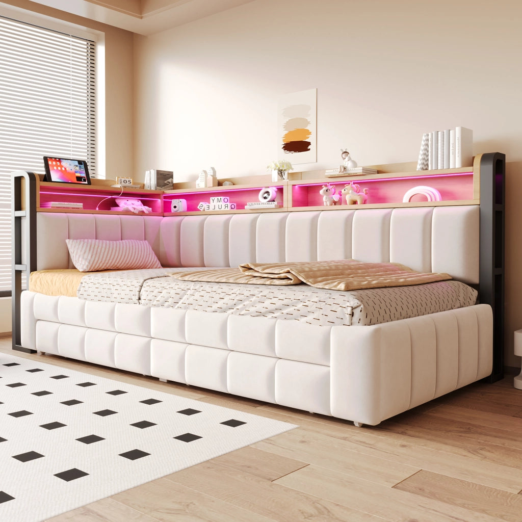 Divano letto 90x200 cm estraibile 180x200 cm con LED; USB e Type-C; cassetti; velluto beige