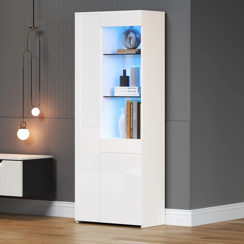 Vetrina con LED e cassetto due ante vani con vetro temperato in truciolare bianco 70 × 35 × 180 cm