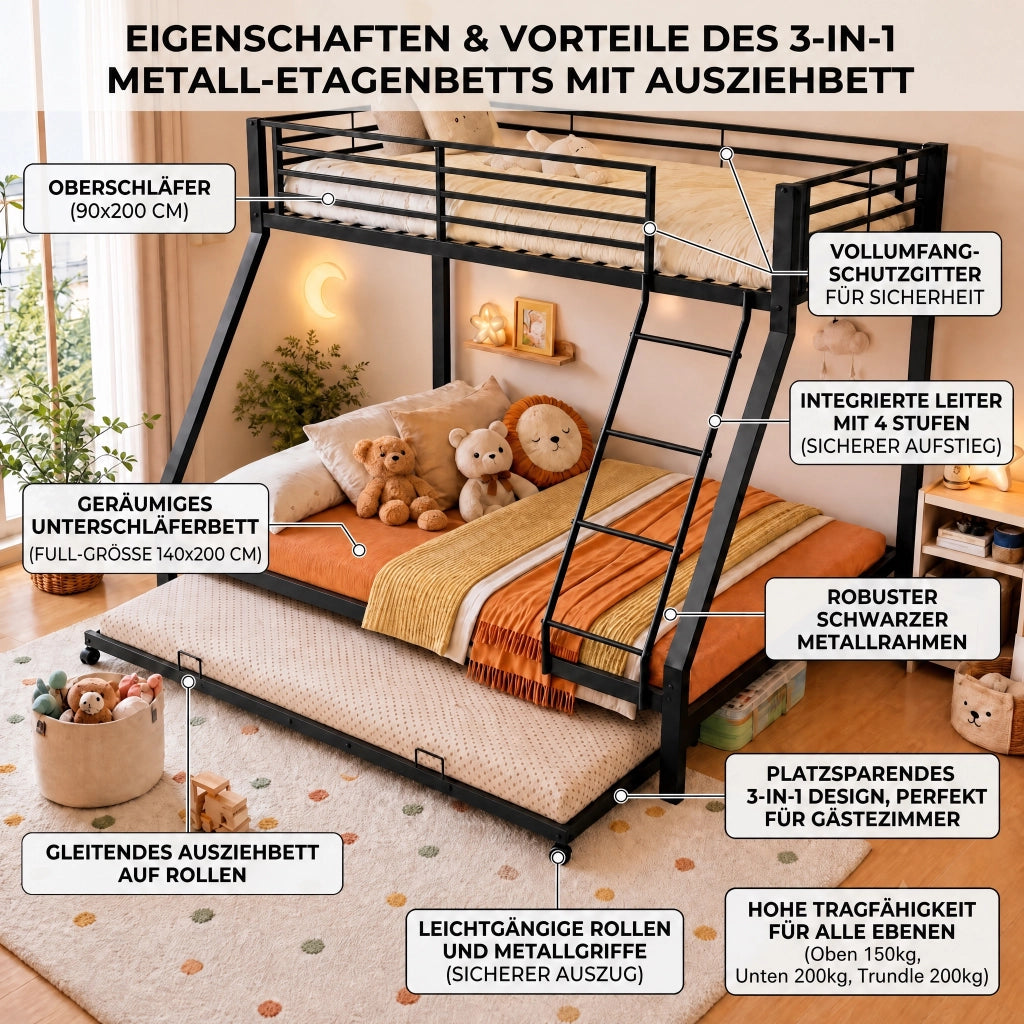 Letto a castello in metallo nero 90 × 200 cm e 140 × 200 cm con letto estraibile 90 × 190 cm fino a 550 kg