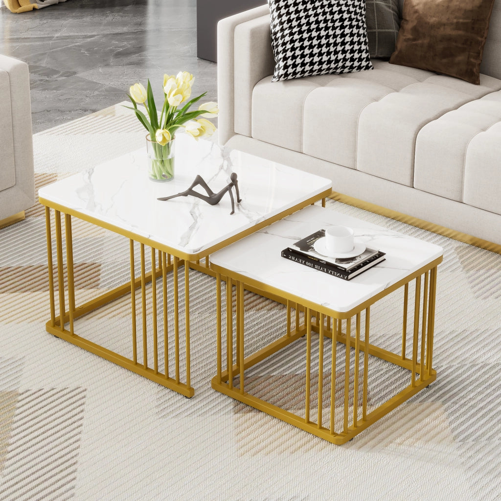 Set di 2 tavolini da caffè 60x60x45 cm e 45x45x40 cm inseribili uno nell'altro in MDF bianco
