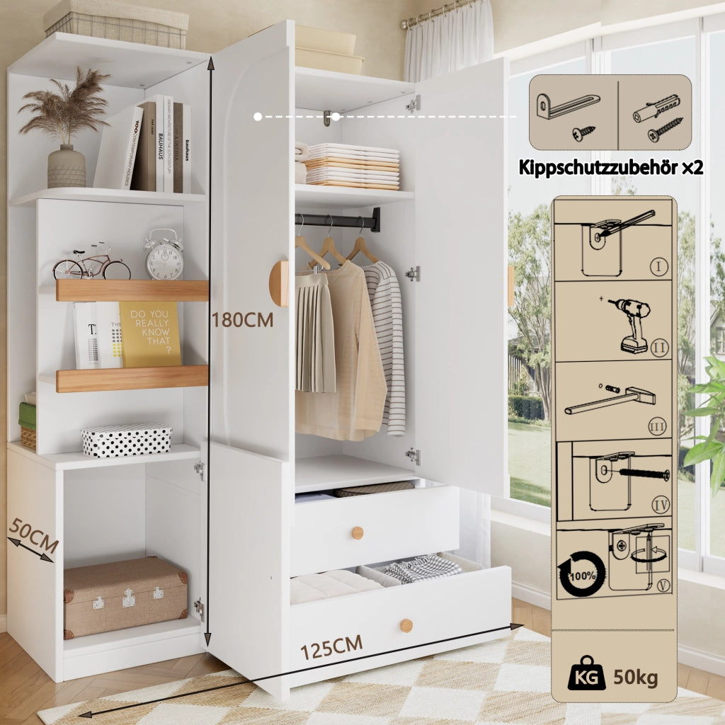 Armadio con barra appendiabiti; 2 cassetti e ripiani aperti in MDF bianco e naturale per camera 125 × 50 × 180 cm