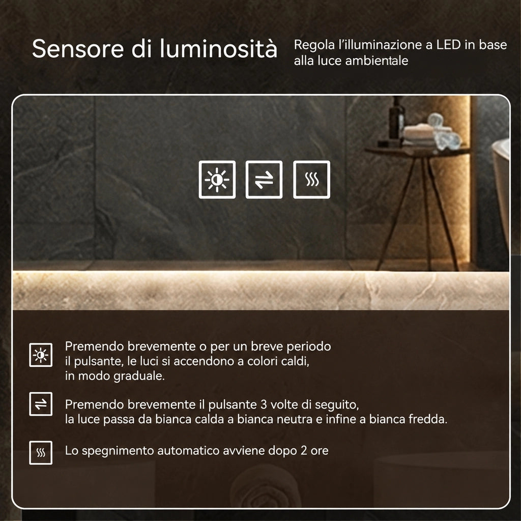 Specchio bagno led 60x100 specchio retroilluminato antiappannamento; luce dimmerabile 3 colori; vetro infrangibile; argento