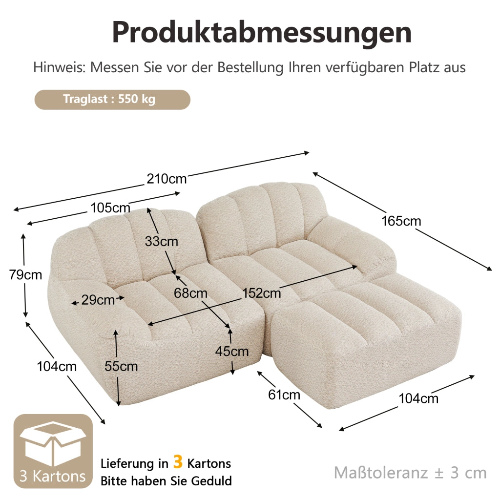 Divano modulare 2 posti a L con ottomana collegabile in pile granulato beige bianco senza montaggio