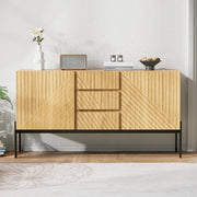 Credenza con 2 ante e 3 cassetti, gambe in metallo, mobile TV, buffet con design a linee, dimensioni H75 x L140 x P40 cm, colore naturale