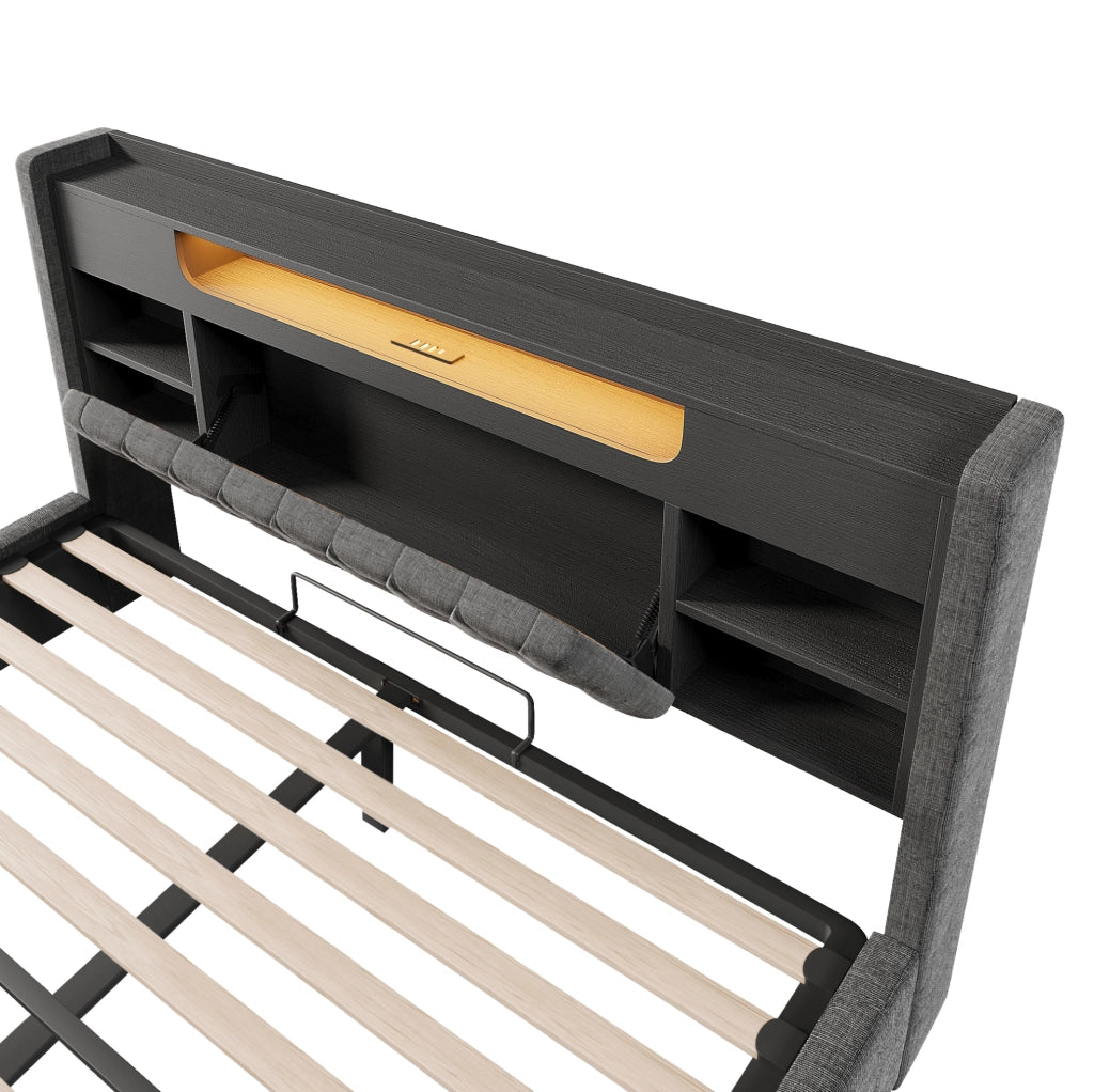 Letto 140x200 cm con contenitore idraulico, LED, USB e USB-C in lino grigio