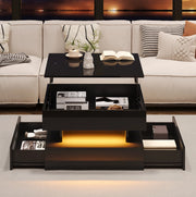Tavolino Salotto Nero 65x65x38,5 cm con Piano Sollevabile, 2 Cassetti, LED Controllabile via App, Design Quadrato in Truciolato Lucido