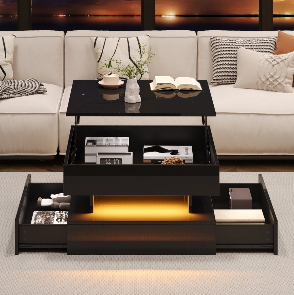 Tavolino Salotto Nero 65x65x38,5 cm con Piano Sollevabile, 2 Cassetti, LED Controllabile via App, Design Quadrato in Truciolato Lucido