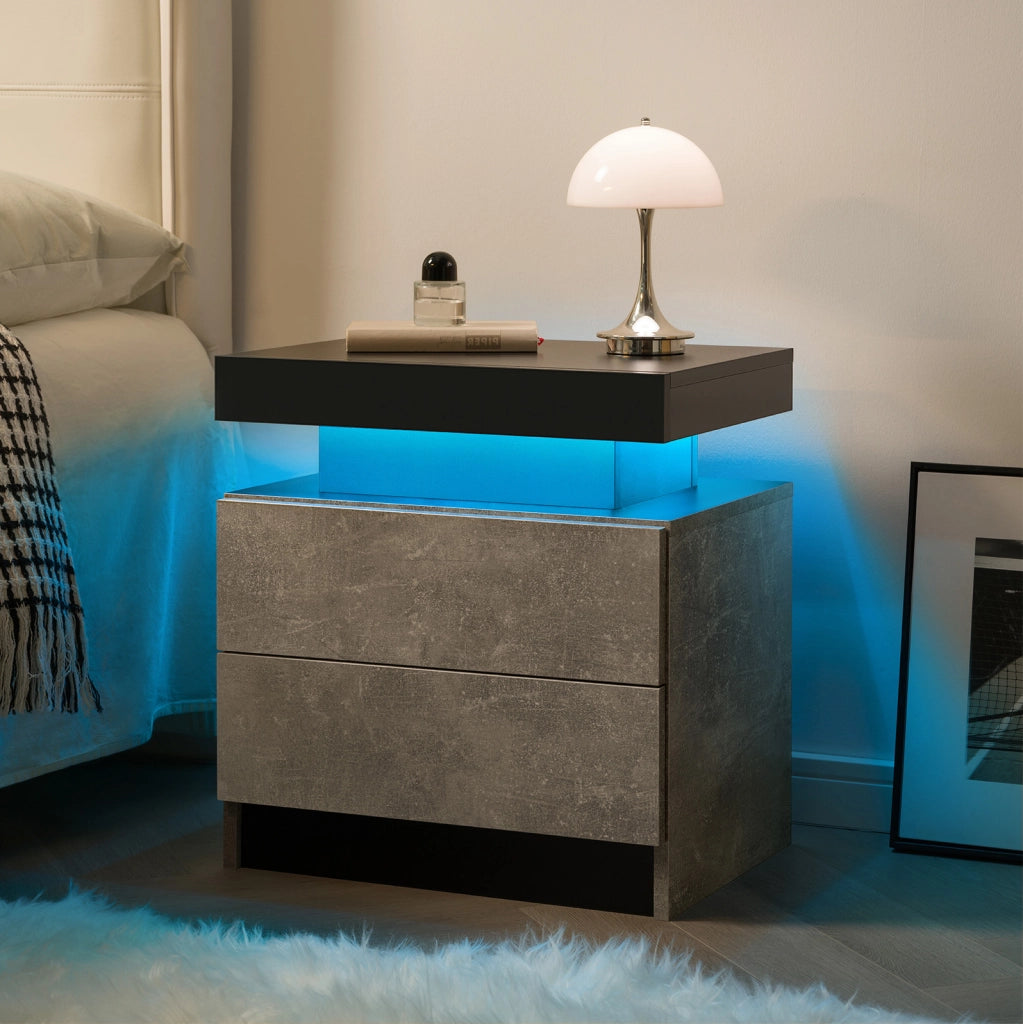 Comodino LED grigio con 2 cassetti e vano a giorno