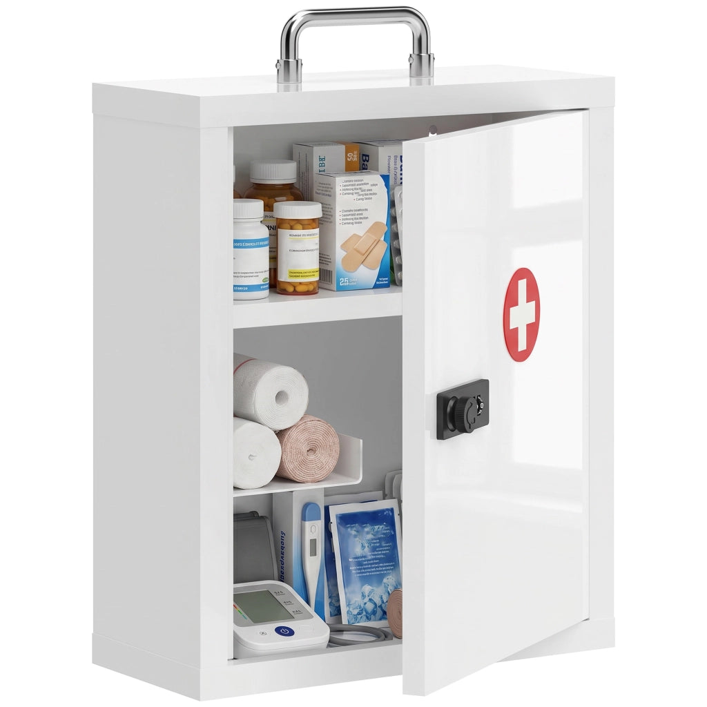 Armadietto per Medicinali a Parete in Acciaio Bianco con Serratura a Combinazione, 3 Ripiani e Maniglia, per Casa