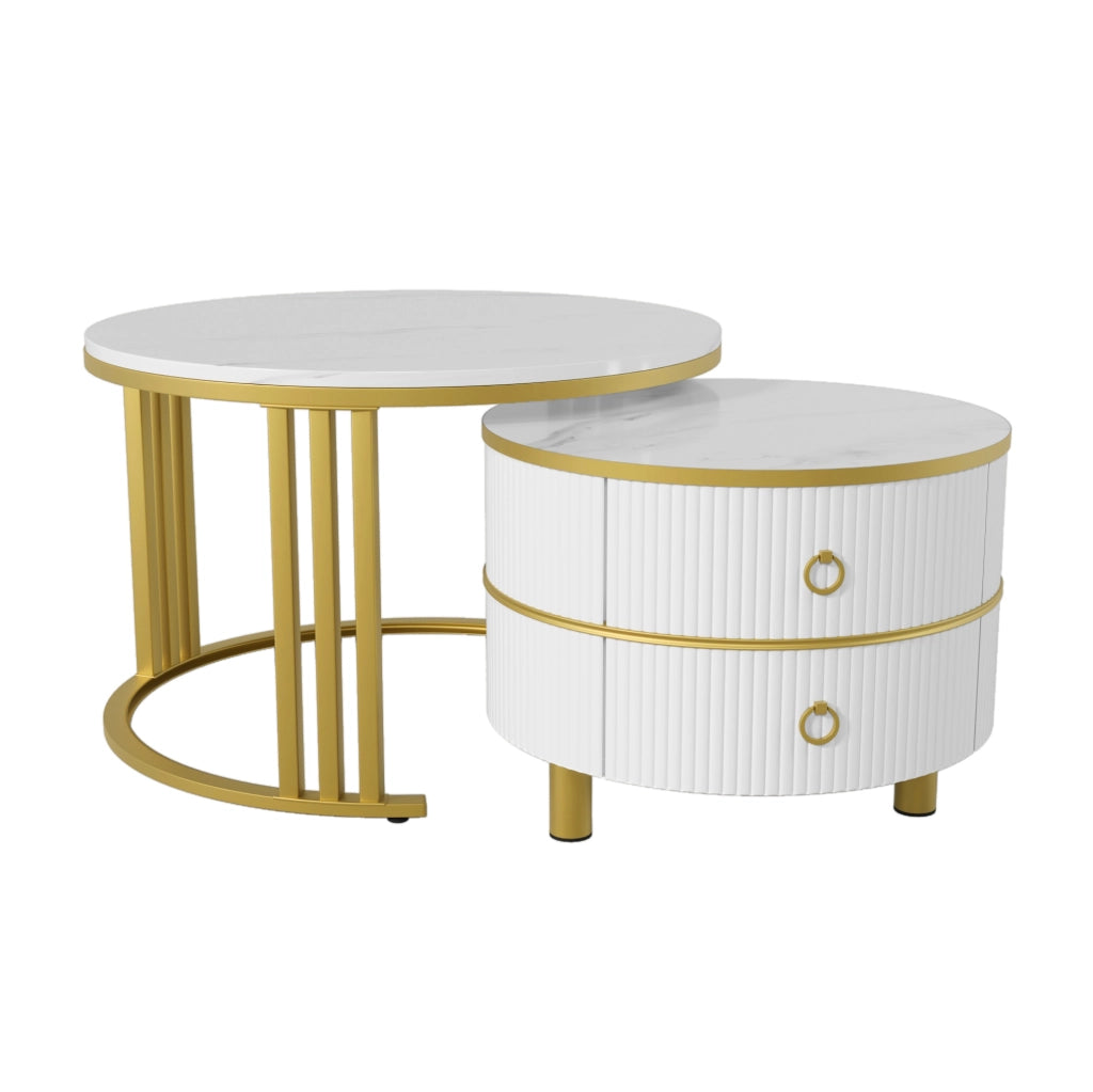 Set di 2 tavolini da caff¨¨ rotondi 70x70 e 50x50 cm in MDF con 2 cassetti