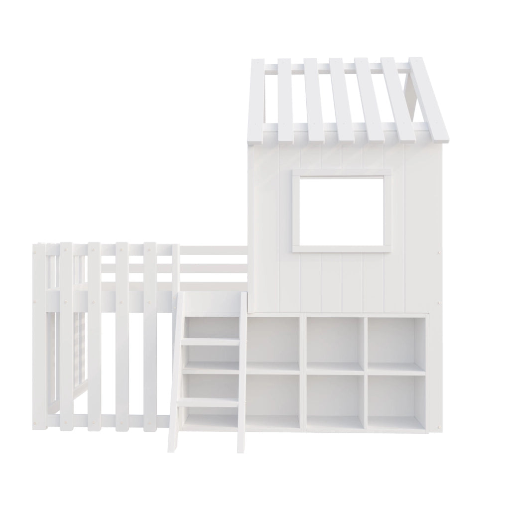 Letto casetta per bambini 90x200 in legno massello; rialzato con scala; contenitore e struttura bianca