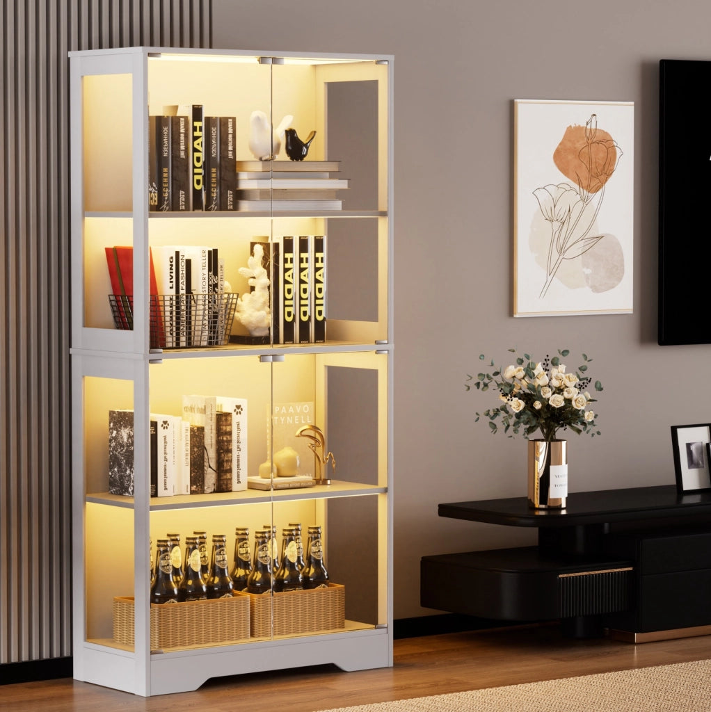 Vetrina in vetro a quattro piani bianca con LED e sensori, 80x35x165 cm, per soggiorno e ufficio
