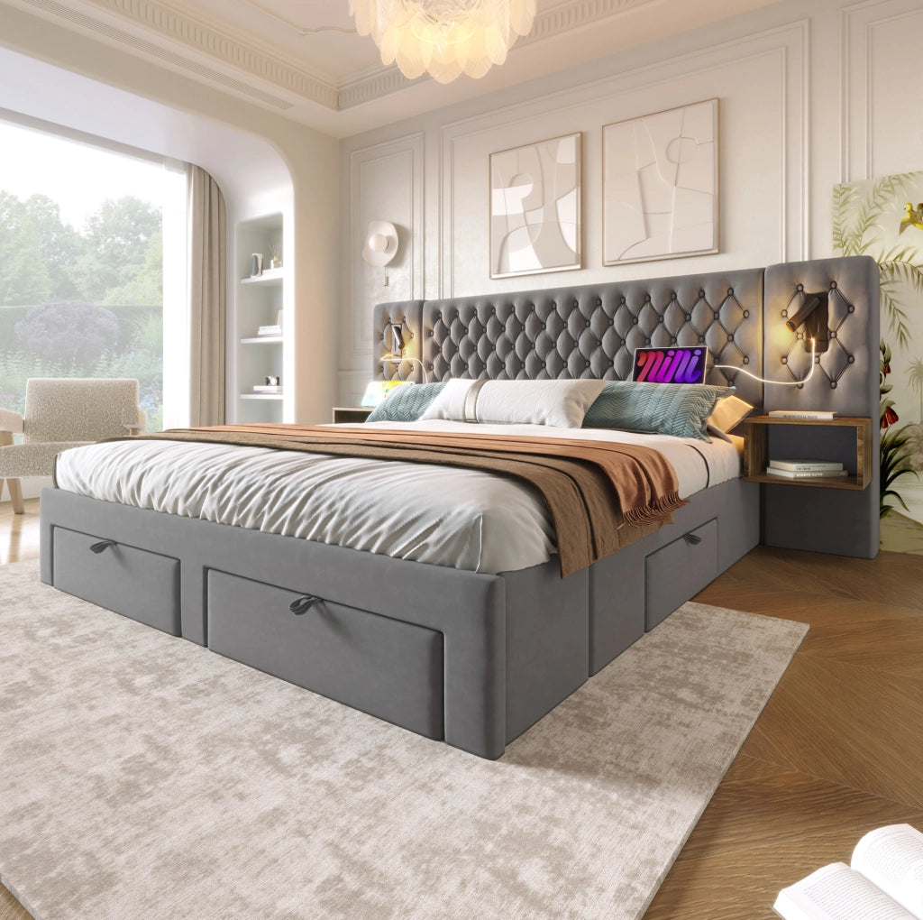 Letto 160x200 cm con 2 comodini, 4 cassetti e luci da lettura USB/USB-C in velluto grigio