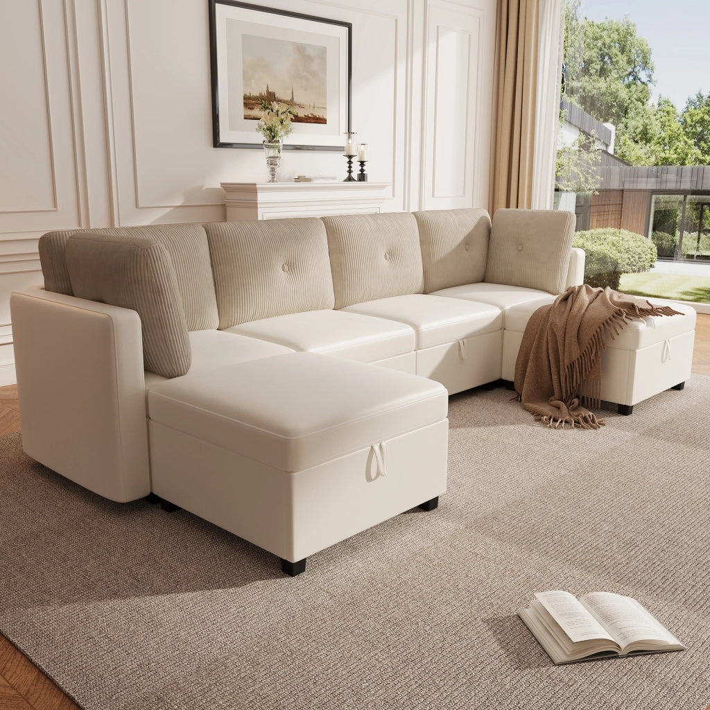 Divano modulare a U 6 moduli con contenitore e cuscini; in velluto e corduroy beige