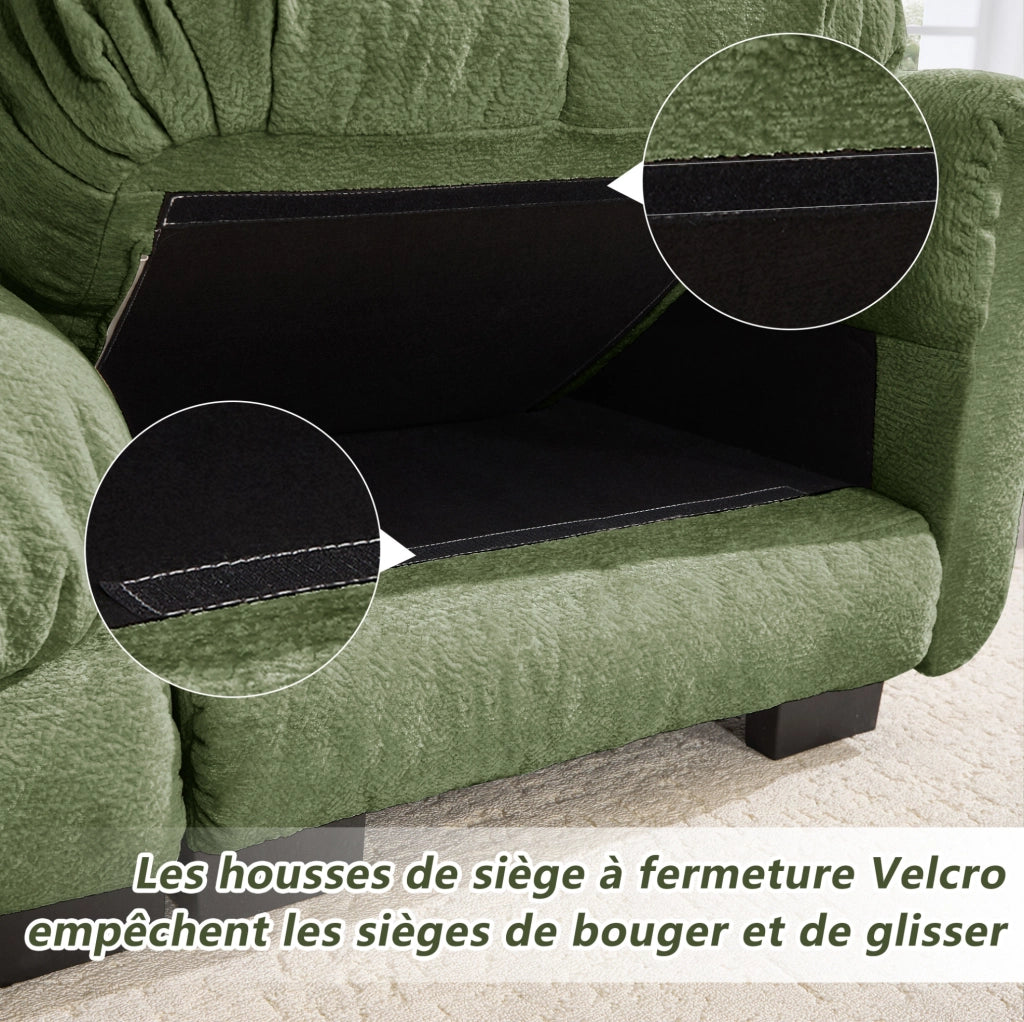 Divano 2 posti in chenille verde con pouf modulare e cuscini imbottiti, dimensioni 190x149x90 cm