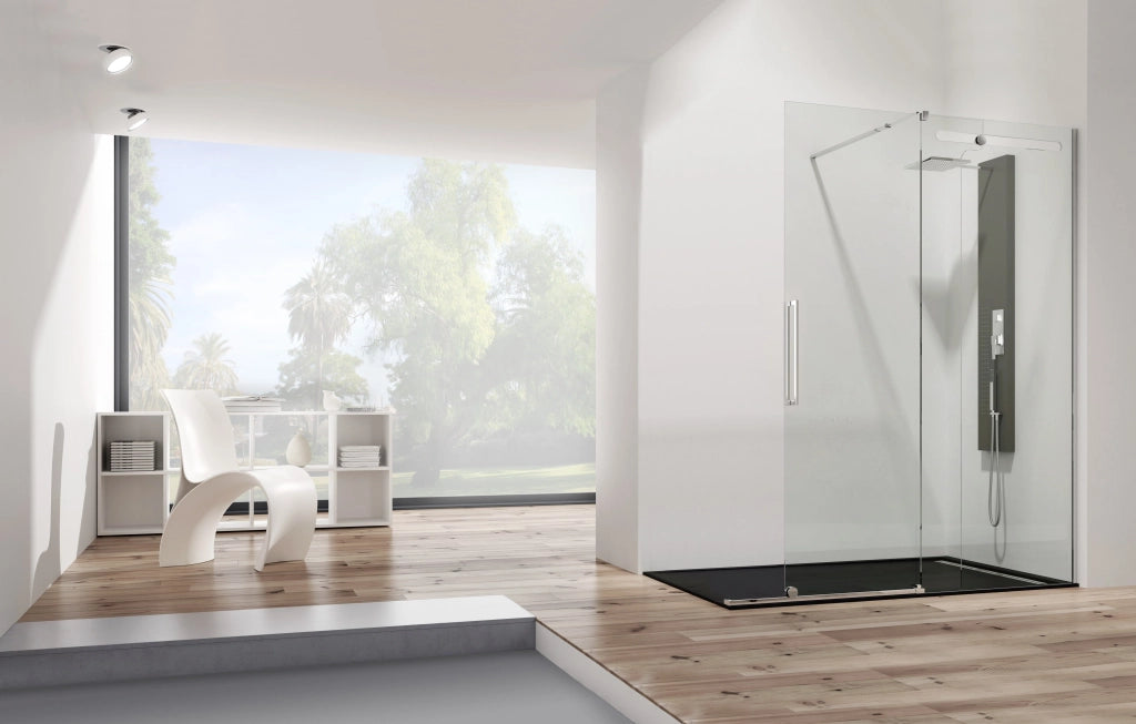 Box doccia angolare VETRUM apertura al vertice 145x70 cm (143-148/65-70) acciaio inox lucido