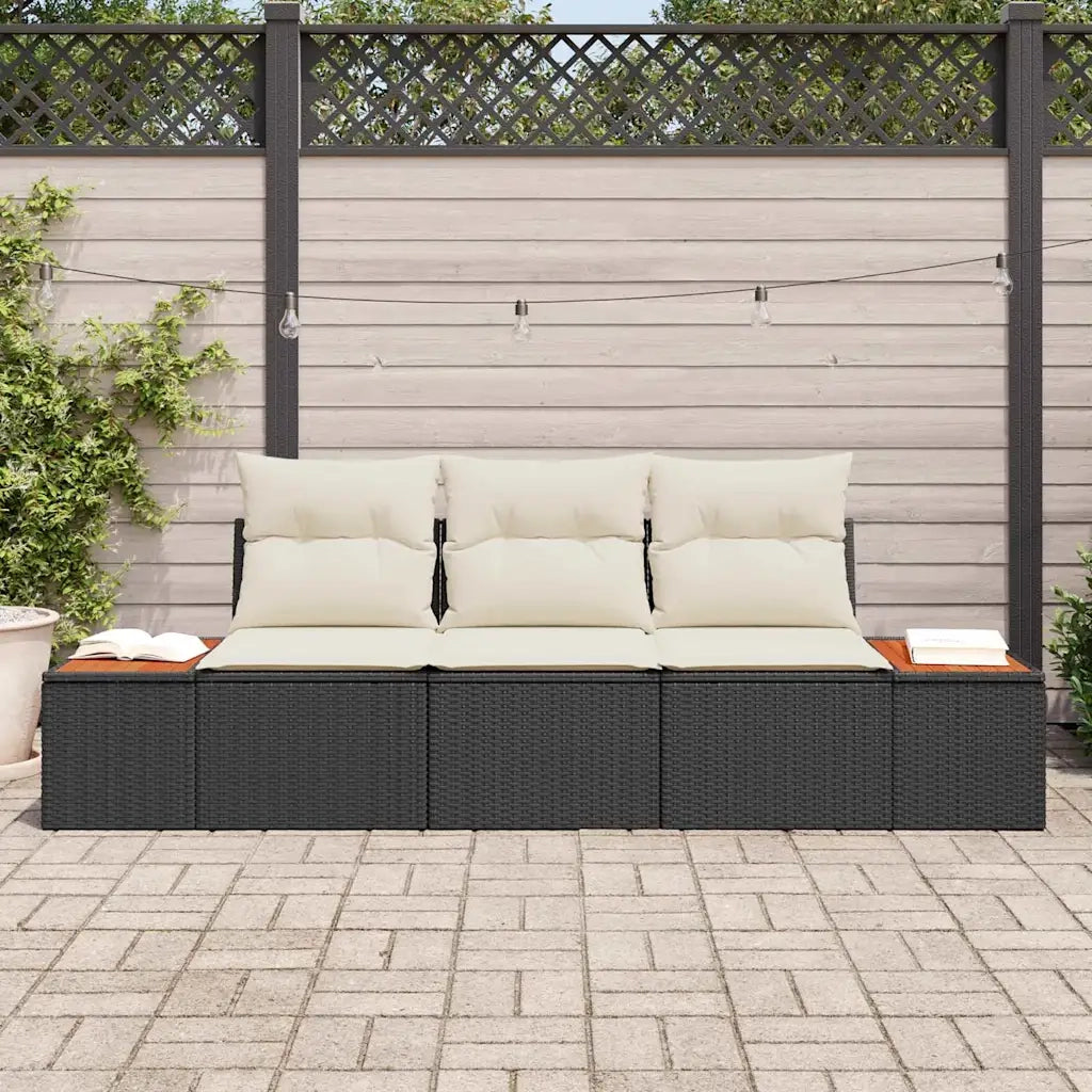 Set Divano da Giardino con cuscino 3 pcs Nero polyrattan