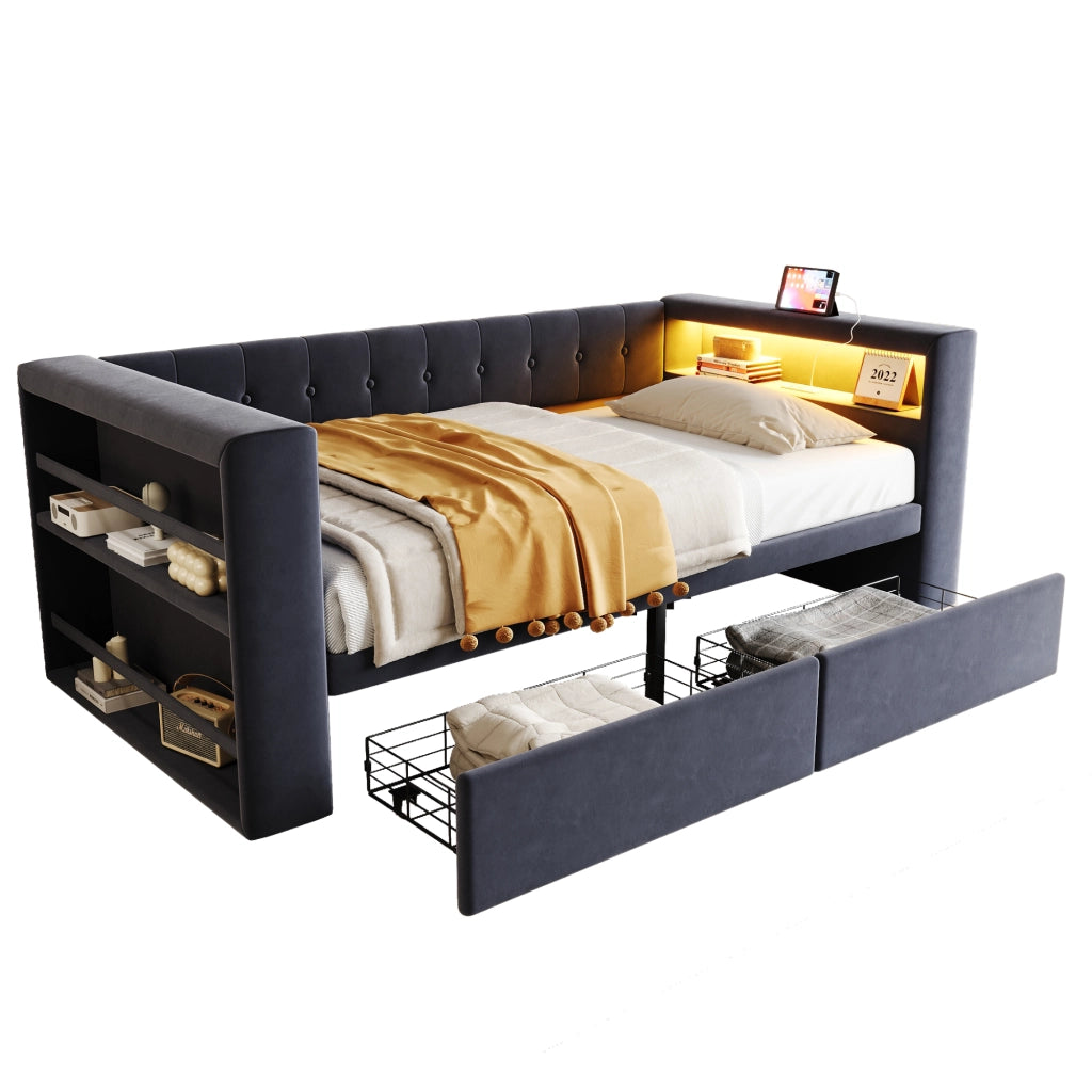 Divano letto 90 x 190 cm, letto singolo con illuminazione LED, porte USB, 2 cassetti spazioso, tessuto flanella grigio scuro, rete a doghe inclusa