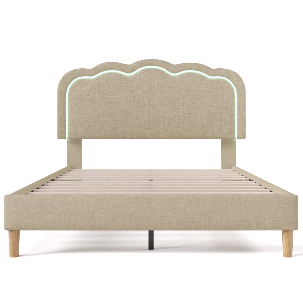 Letto con LED 140x200 cm con testiera regolabile imbottita in lino beige