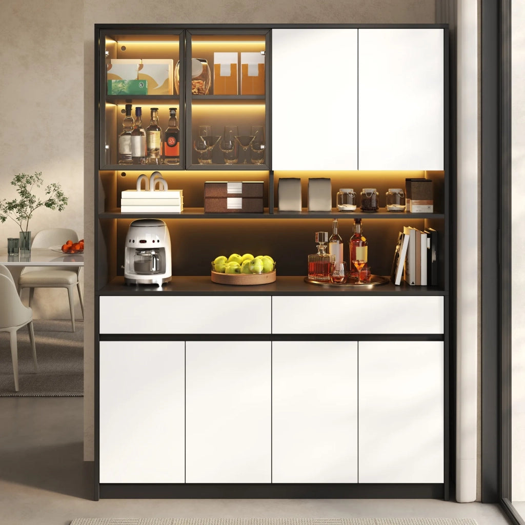 Mobile alto con illuminazione LED a colori controllata via APP, vano espositivo in vetro e ripiano aperto, credenza per soggiorno