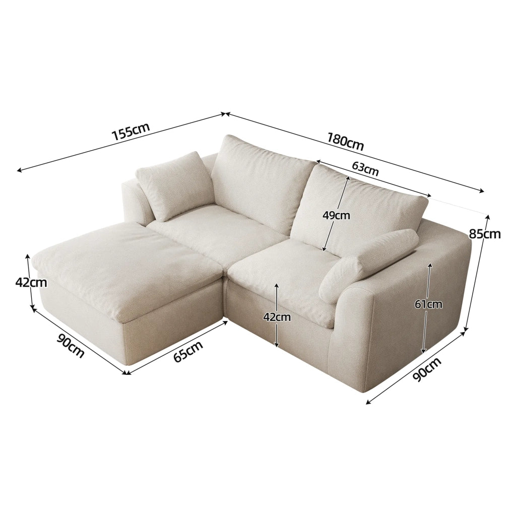 Divano a L 3 posti 180 cm, schiuma compressa sottovuoto, beige e bianco, per soggiorno