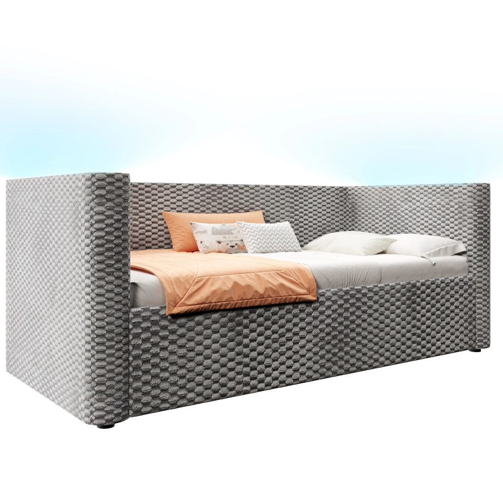 Letto singolo a divano 90 × 200 cm con vano contenitore idraulico in velluto grigio e luci LED