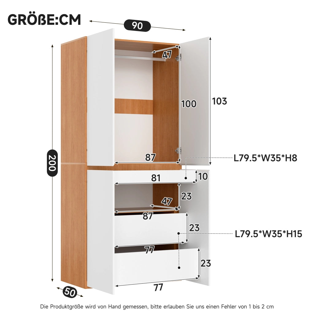 Armadio guardaroba con 3 cassetti portagioie e asta appendiabiti per camera da letto in MDF e pannello truciolare bianco