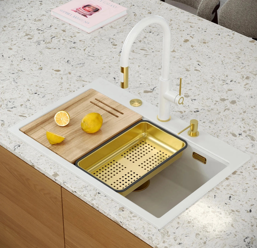Lavello In Granito Marc 110 Workstation White Tappo rame spazzolato