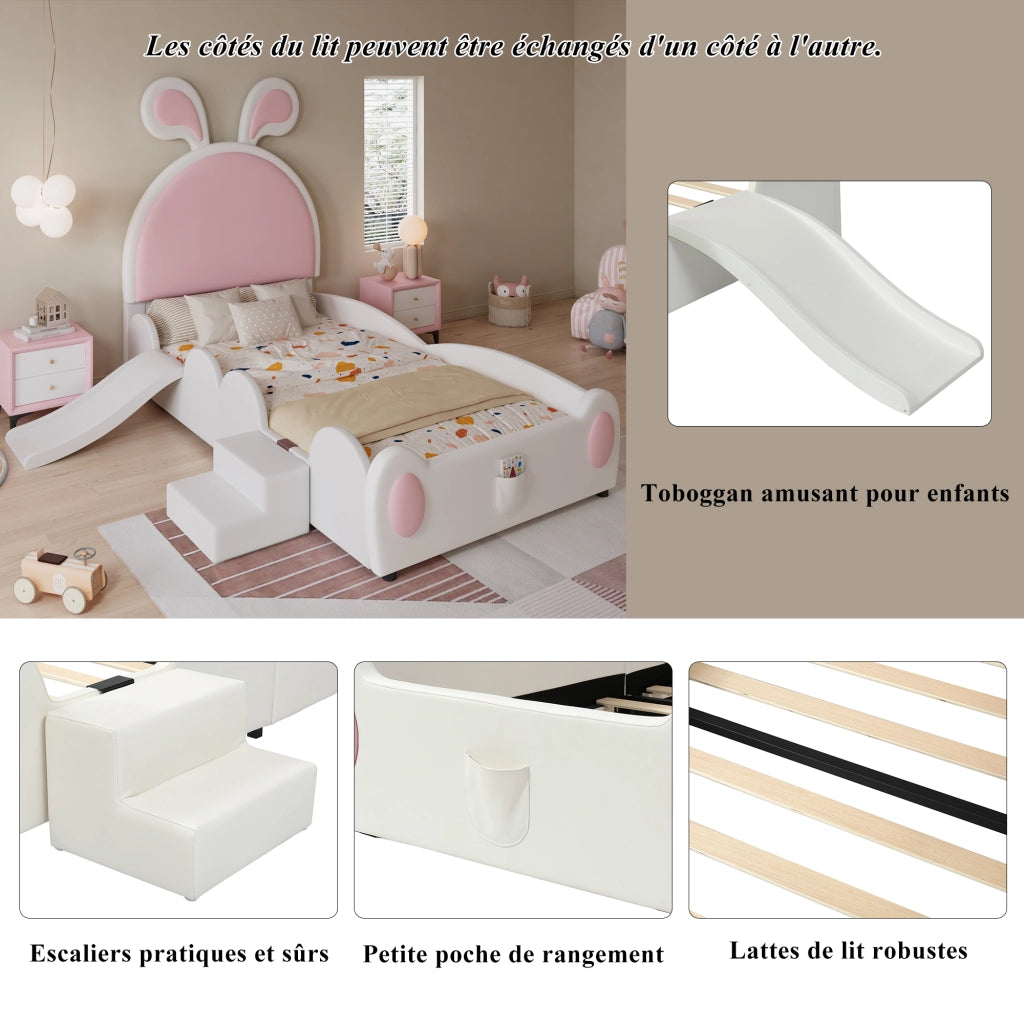 Letto singolo 90 × 200 cm con scivolo e scaletta testiera con orecchie in PU bianco e rosa