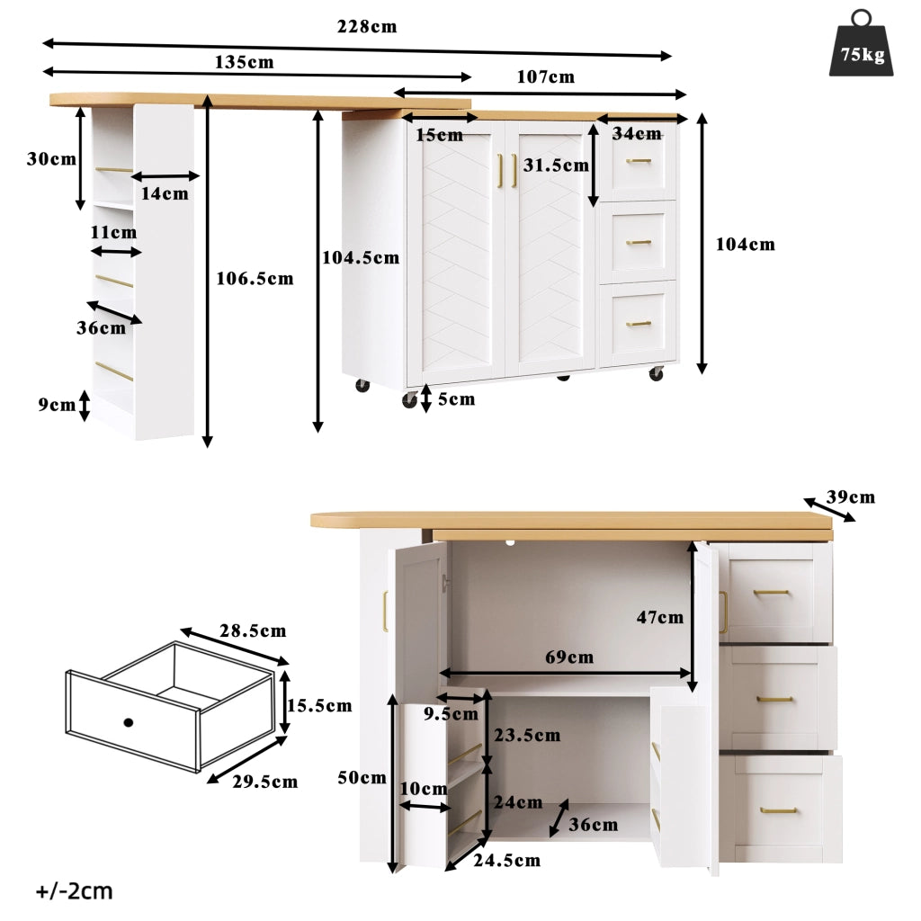 Carrello da cucina allungabile con 2 ante, 3 cassetti e cestello laterale su ruote, MDF bianco, 135-228 × 39 × 104 cm