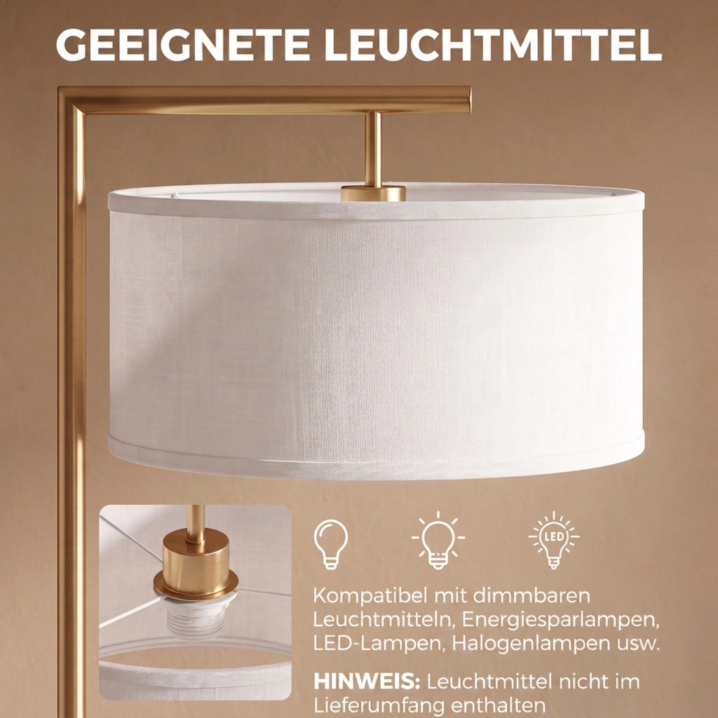 Lampada da terra moderna in acciaio oro e paralume in tessuto bianco con attacco E27 e interruttore a pedale 47 x 37 x 153 cm