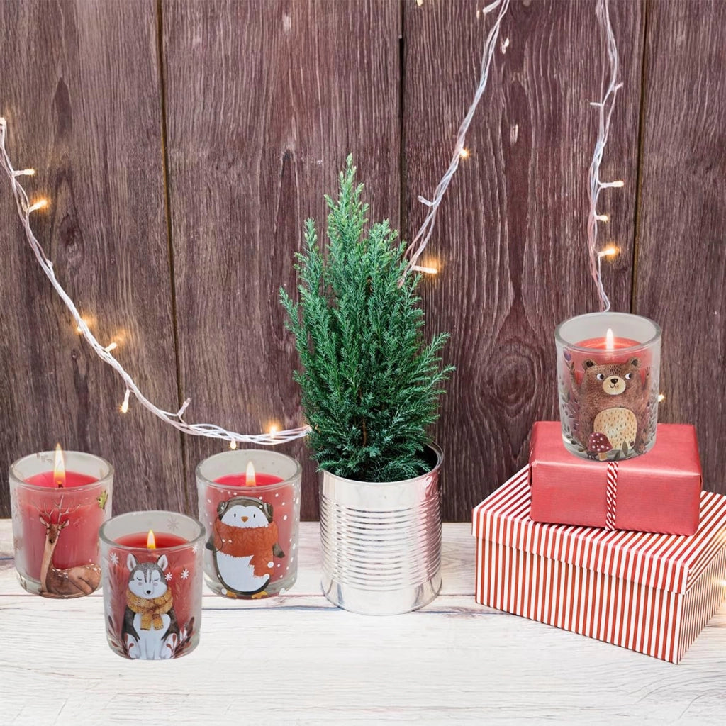 Set 6 Candele in Vetro Mini con Bicchiere – Decorazioni Natalizie Animali Cervo, Pinguino, Orso e Husky – 2 x 2 x 8 cm