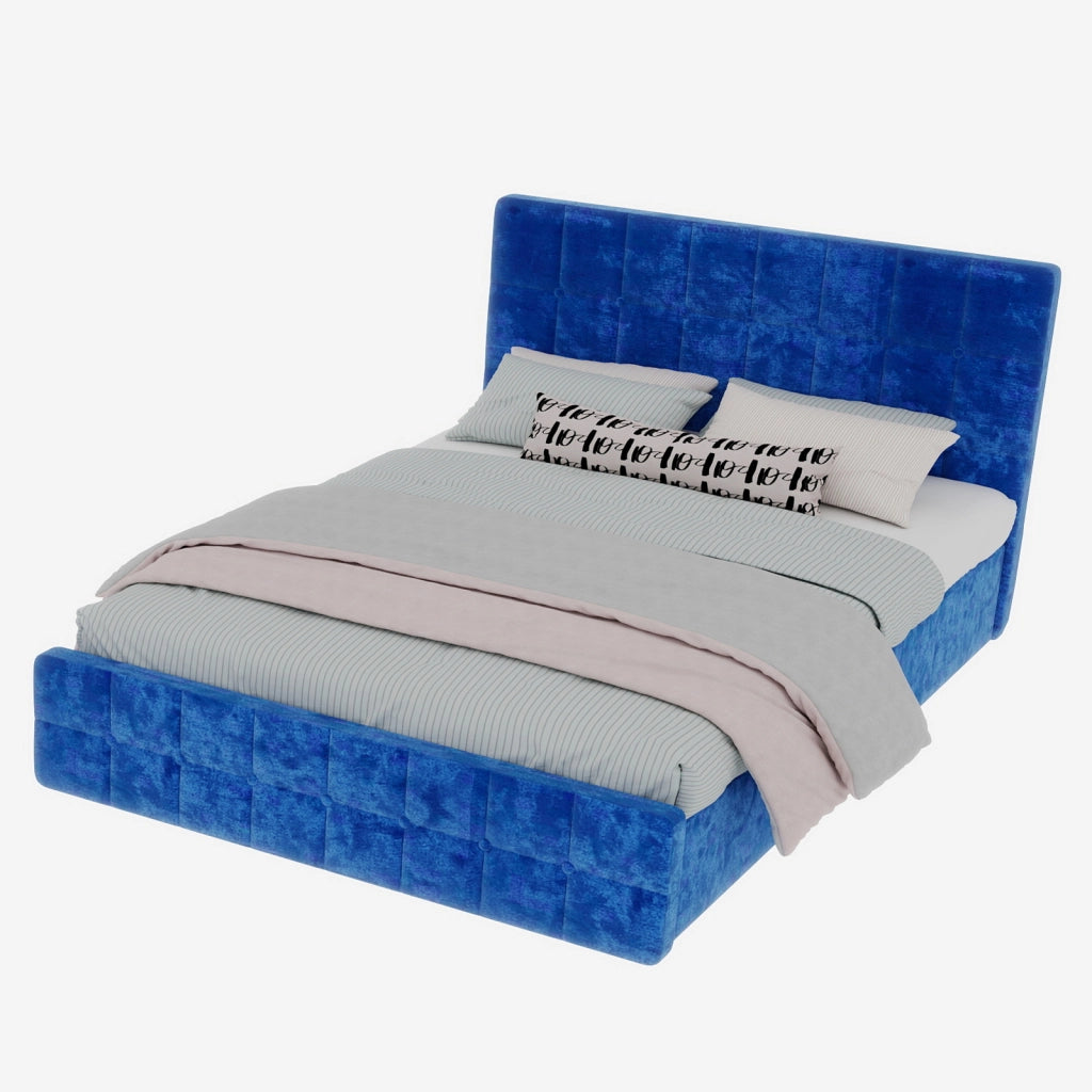 Letto imbottito matrimoniale 140×200 cm con testiera trapuntata, senza materasso, tessuto in velluto blu