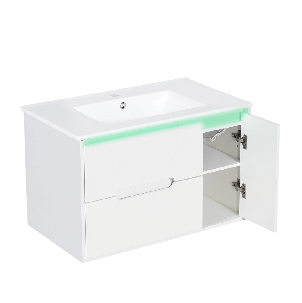 Mobile sottolavabo sospeso 81 cm in MDF con lavabo in ceramica e LED bianco
