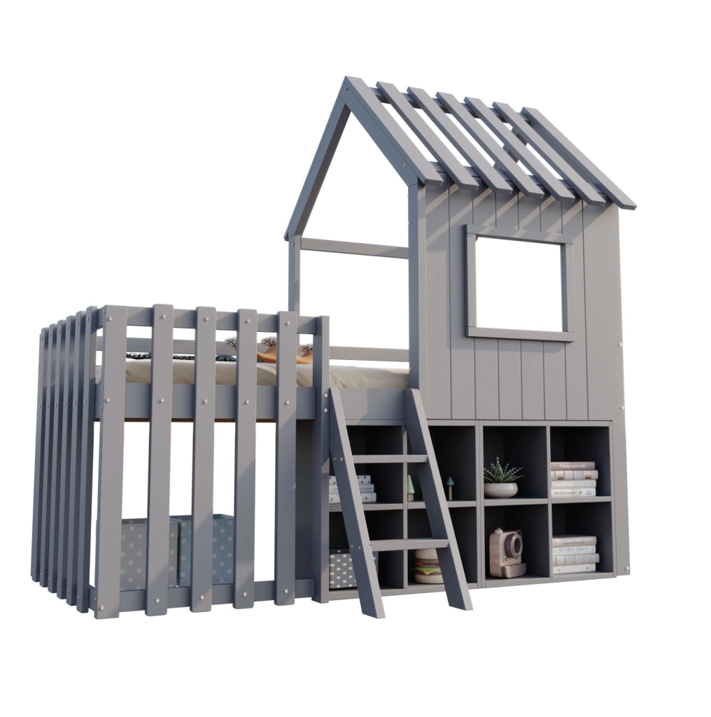 Letto a soppalco per bambini 90x200 cm con tetto e vani mobili grigio