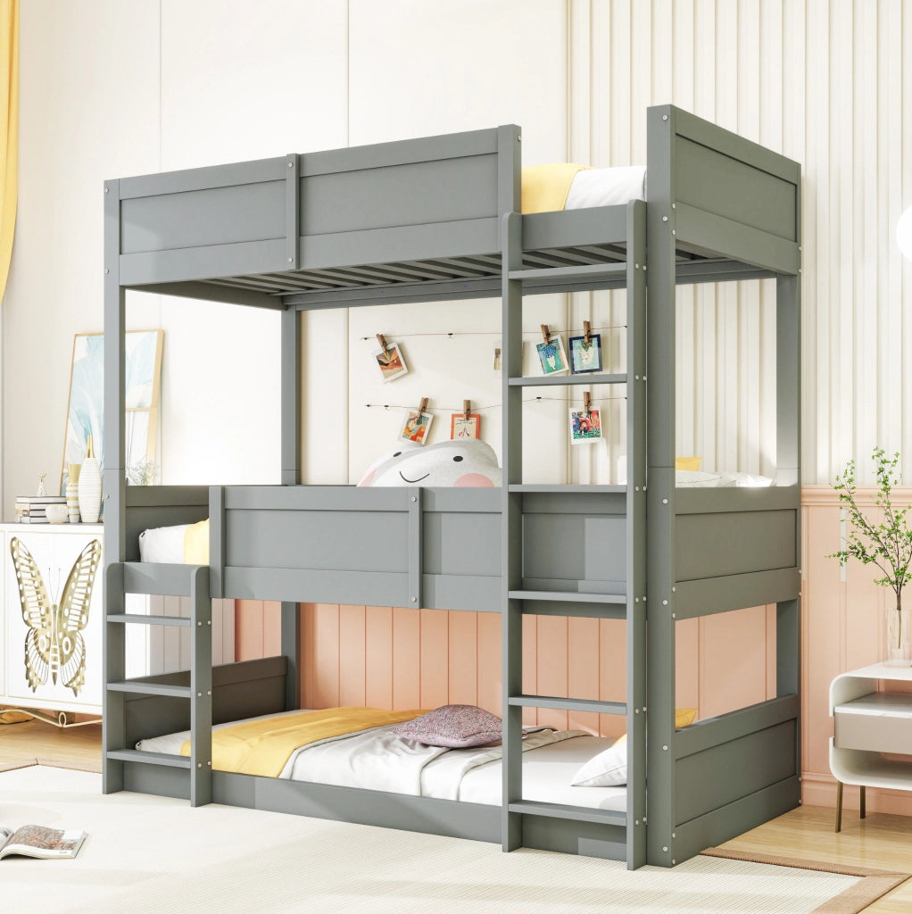 Letto a castello triplo in legno massiccio 90x200 cm con sponde alte, colore grigio