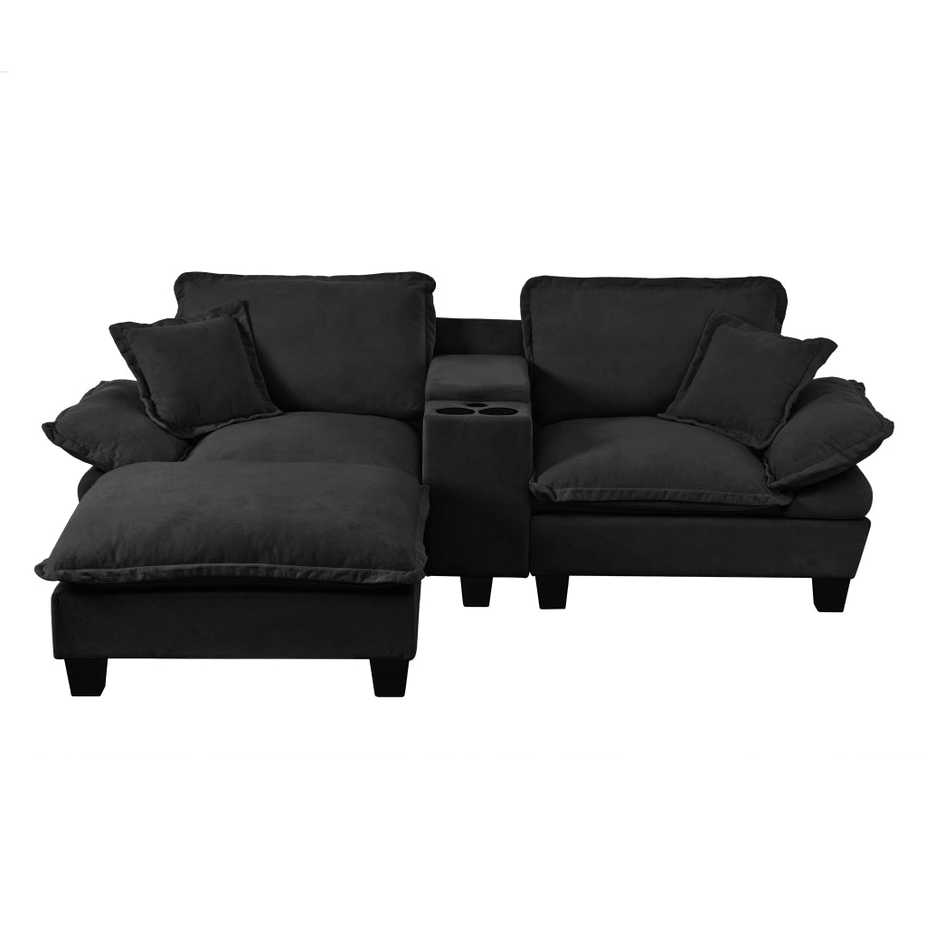Divano Angolare Modulare con Ottomane ¨C MINIMAL ¨C Chenille, Nero, USB, Contenitore