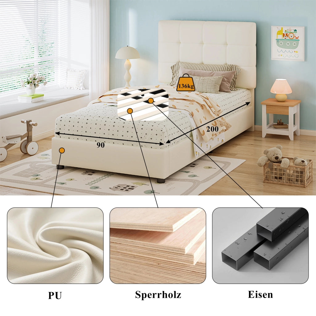 Letto singolo 90 × 200 cm con testiera imbottita in PU e rete a doghe beige