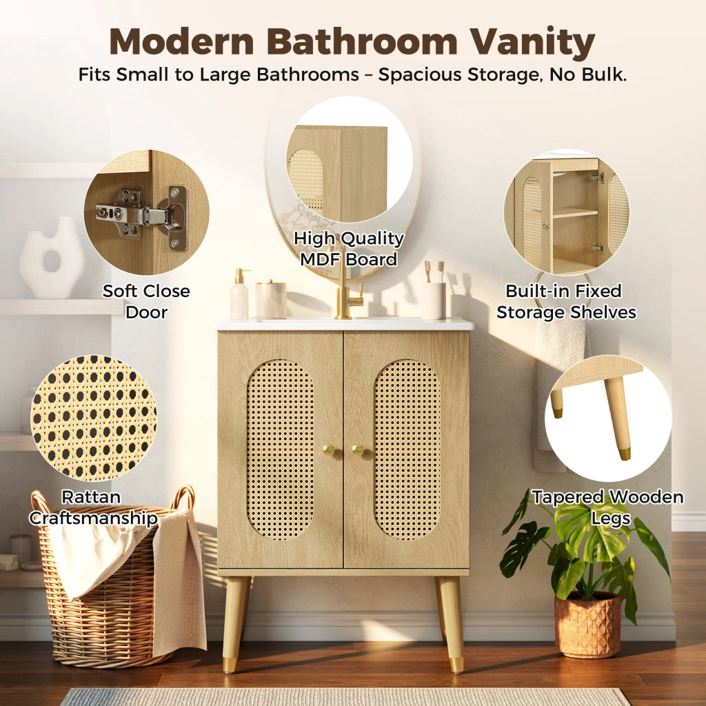 Mobiletto con lavabo in ceramica a terra con ante in rattan e ripiani fissi MDF effetto legno naturale 61 × 47 × 89 cm