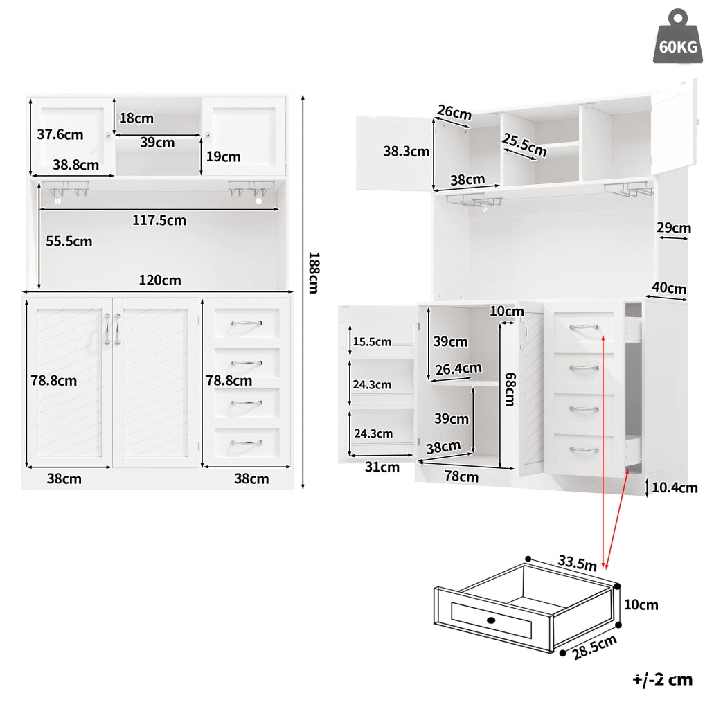 Credenza alta 120x40x188 cm in MDF con LED, 4 ante, 2 cassetti e vani porta bottiglie per cucina