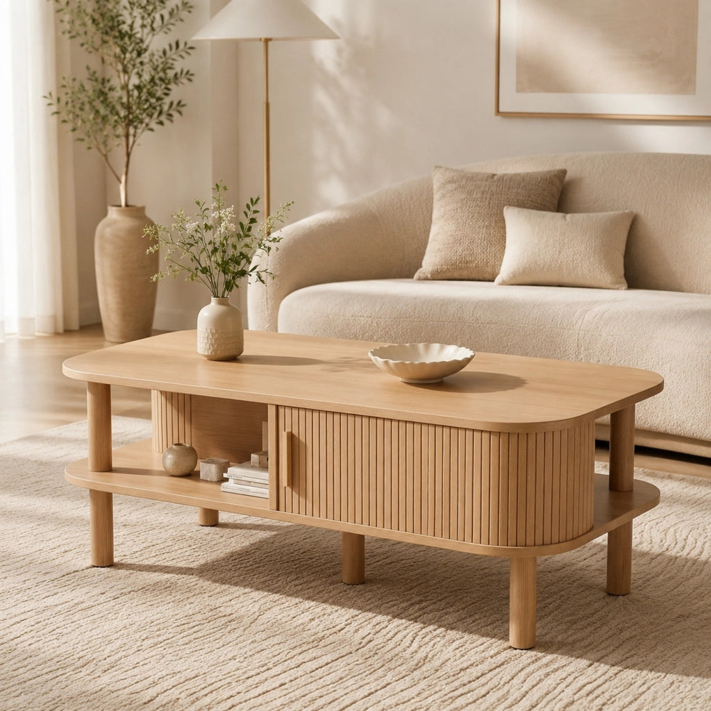 Tavolino da caffè 110x55x45 cm in MDF con anta scorrevole e vani; naturale